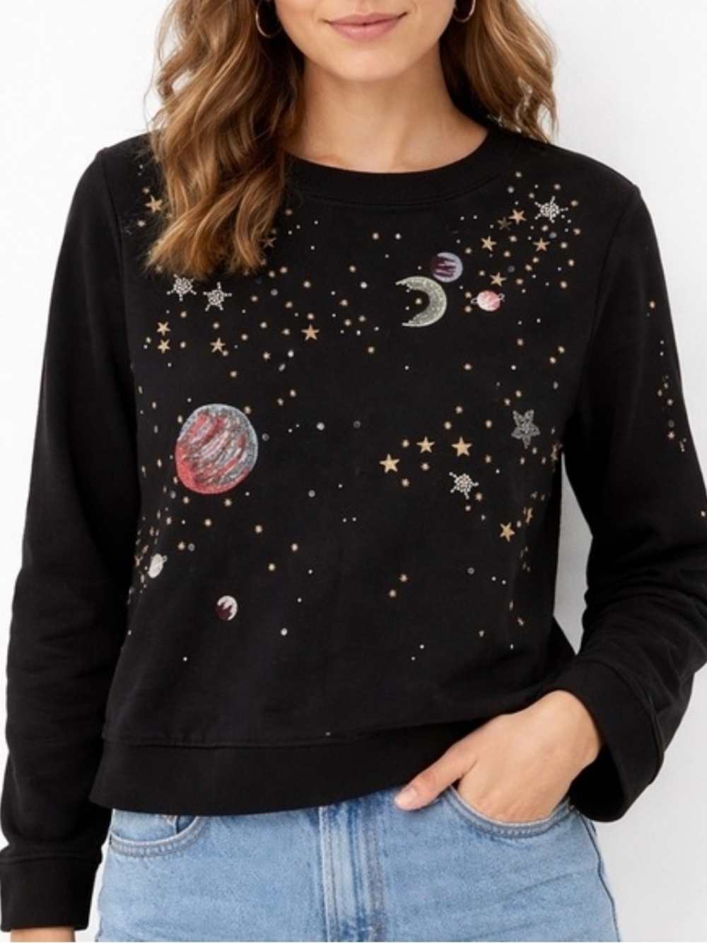 NEW Anthropologie Cosmic Galaxy Black Beaded Moon Space Star Sweatshirt Top - Picture 4 of 9